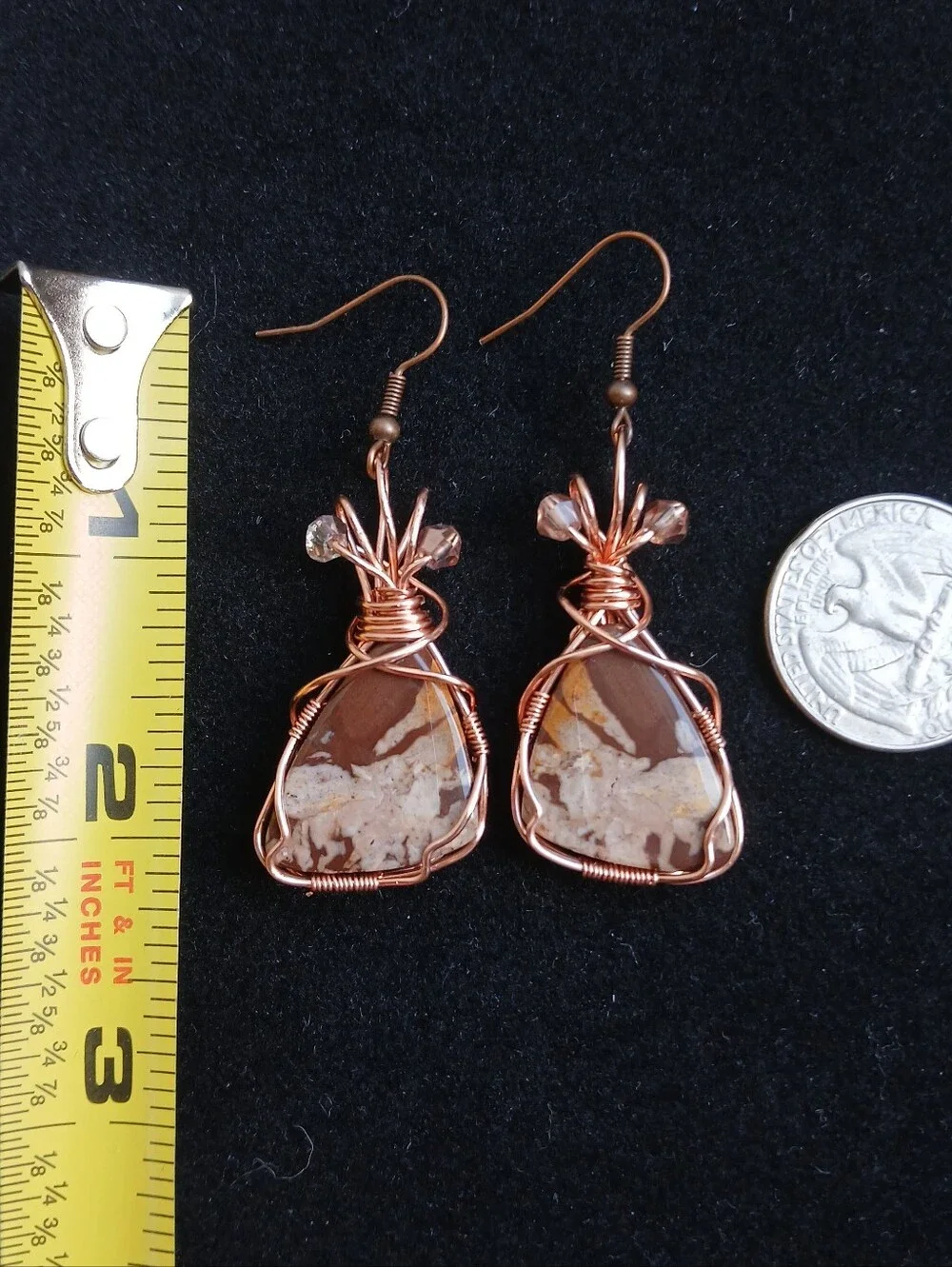 Copper wire wrapped brown tan outback Jasper dangle earrings handmade new - Picture 6 of 6